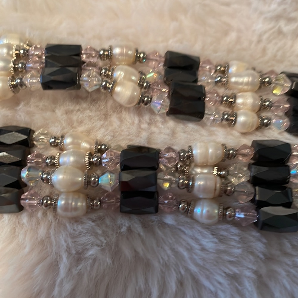 Magnetic hematite bracelet/necklace with pearls, pink, white & silver be…